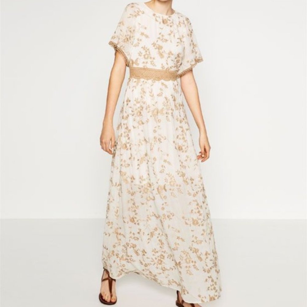 Zara | Off White Tan Embroidered Maxi Dress